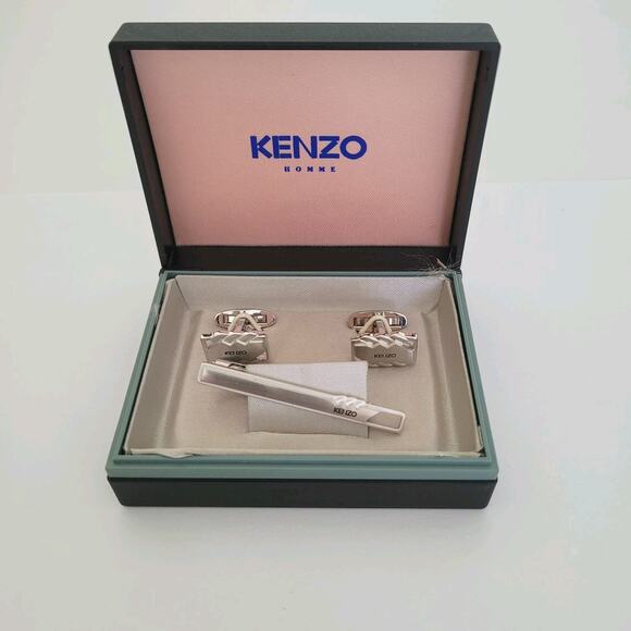 Kenzo Tie Bar Clip Cufflinks Set Silver Tone Logo Geometric Box Designer Rectang - Picture 1 of 10